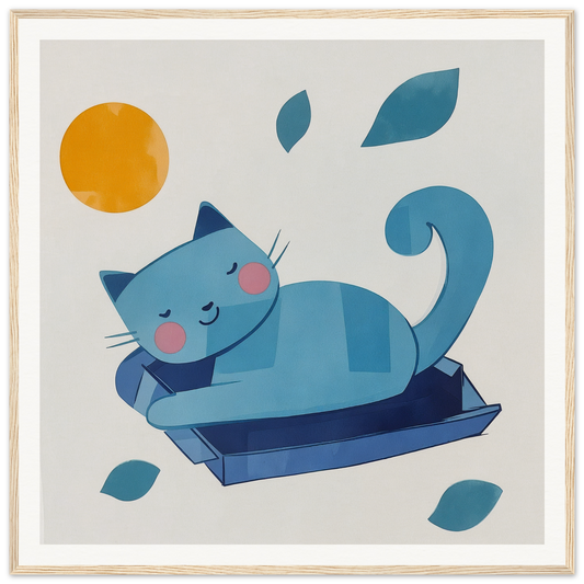 Blue cat relaxing on a floating platform, perfect for nursery wall art