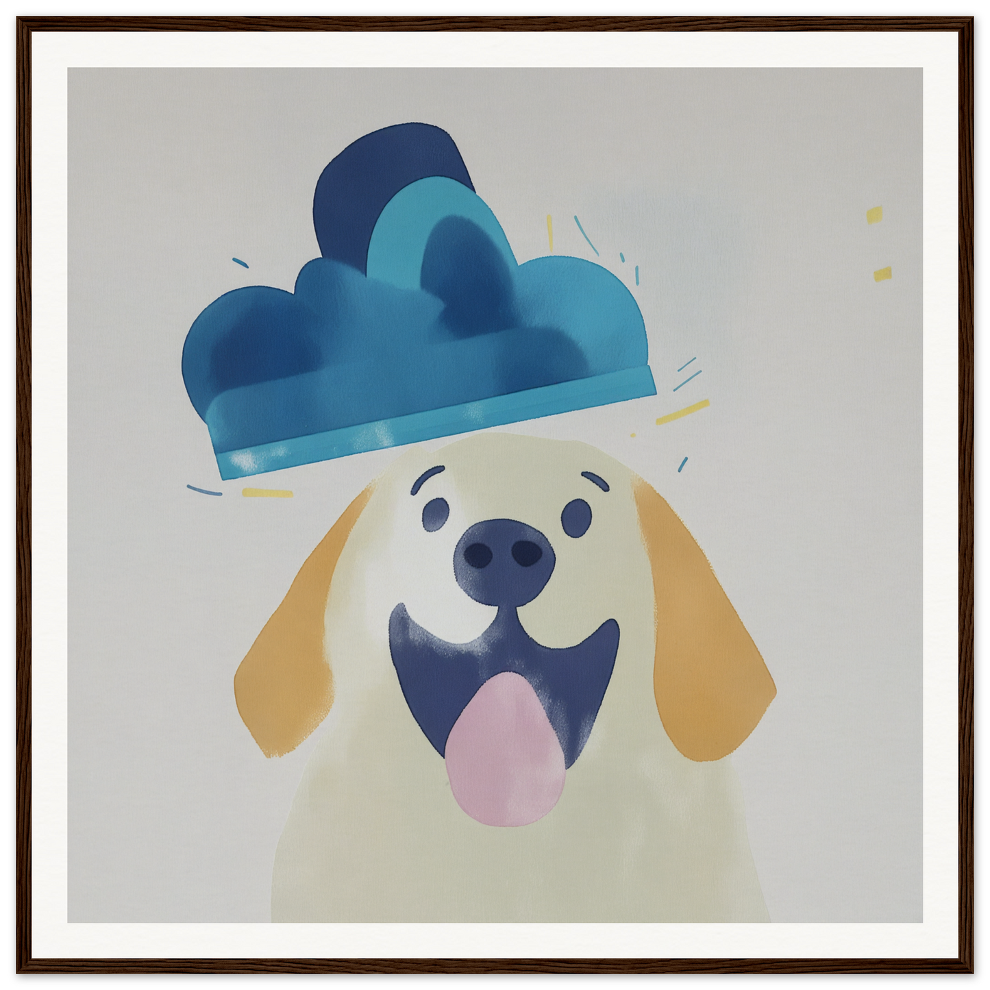 Happy cartoon dog in blue cloud hat, perfect for nursery wall art or decor