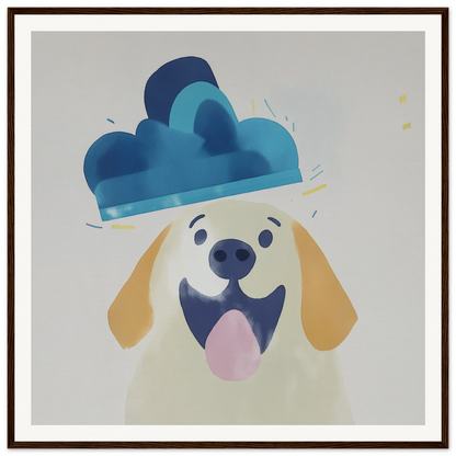 Happy cartoon dog in blue cloud hat, perfect for nursery wall art or decor