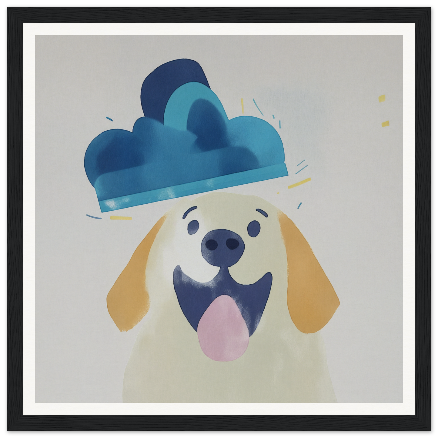 Happy cartoon dog in a blue cloud hat perfect for nursery wall art or nursery decor