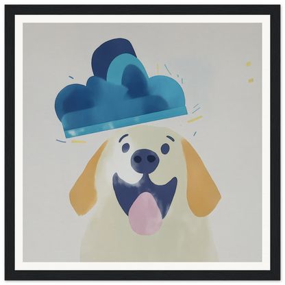 Happy cartoon dog in a blue cloud hat perfect for nursery wall art or nursery decor