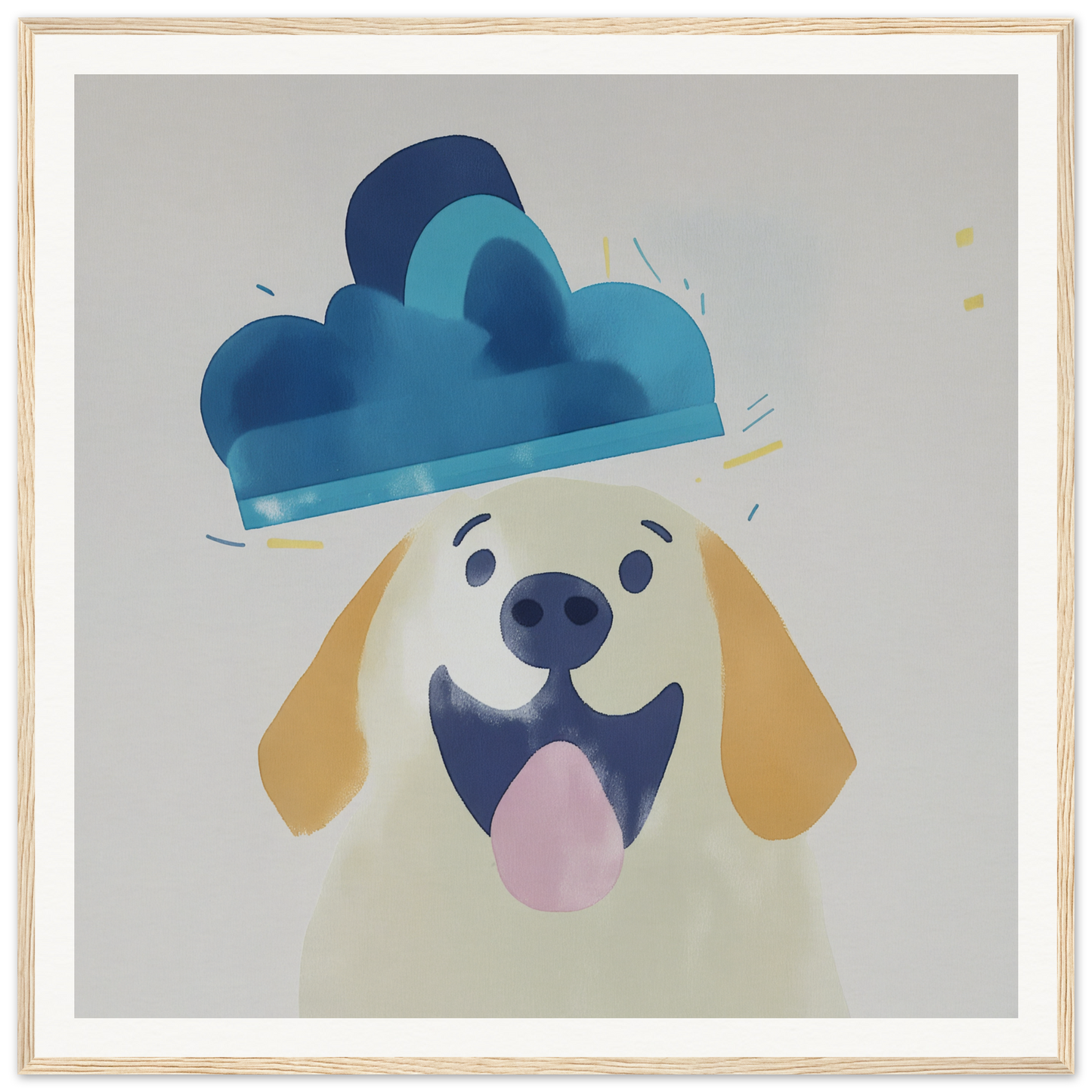 Happy cartoon dog in blue cloud hat perfect for nursery wall art or decor