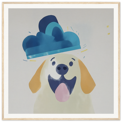 Happy cartoon dog in blue cloud hat perfect for nursery wall art or decor