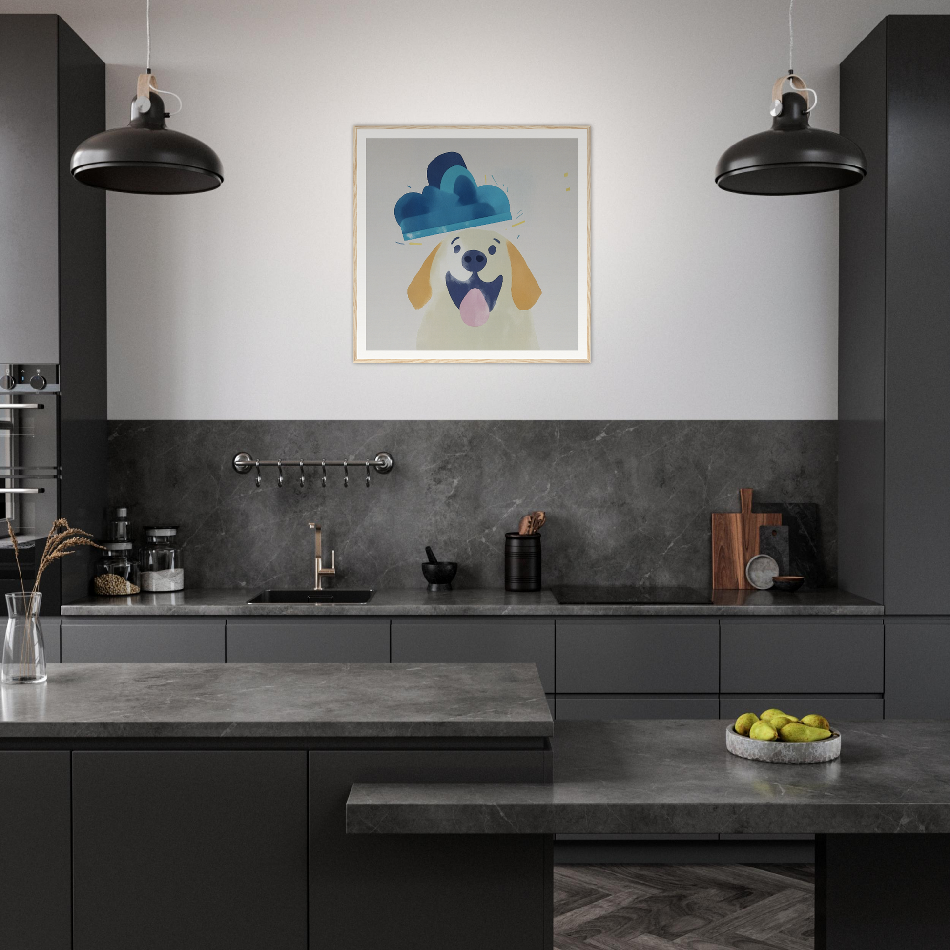 Modern dark gray kitchen featuring whimsical dog artwork for stylish nursery decor