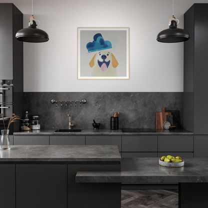 Modern dark gray kitchen featuring whimsical dog artwork for stylish nursery decor