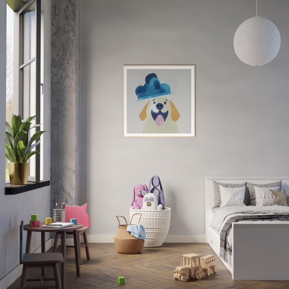 Framed poster of a dog in a blue cloud hat, perfect for nursery wall art or decor