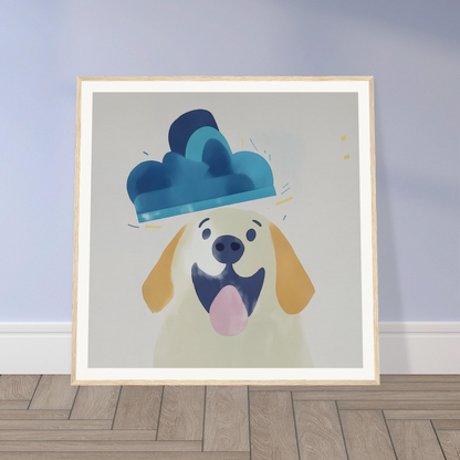 Happy dog in a blue cloud hat, perfect nursery wall art for playful decor