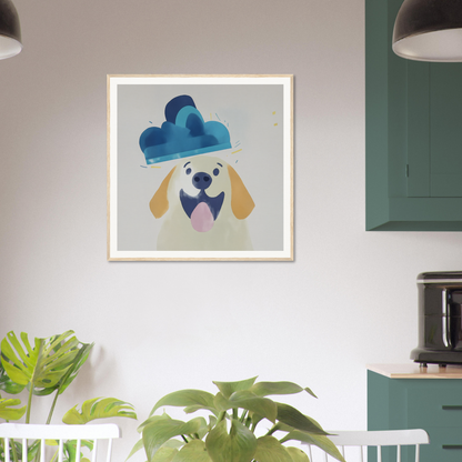 Framed artwork of a happy golden dog in a blue hat, perfect nursery wall art