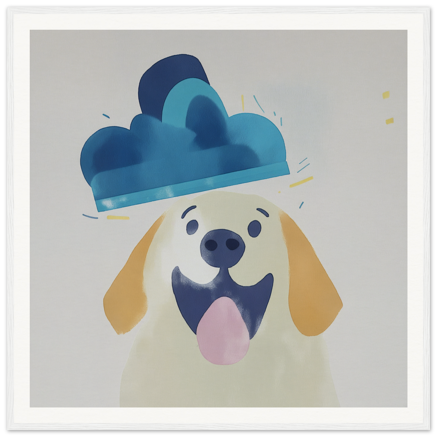 Happy cartoon dog in a blue cloud hat - cute nursery wall art for kids!