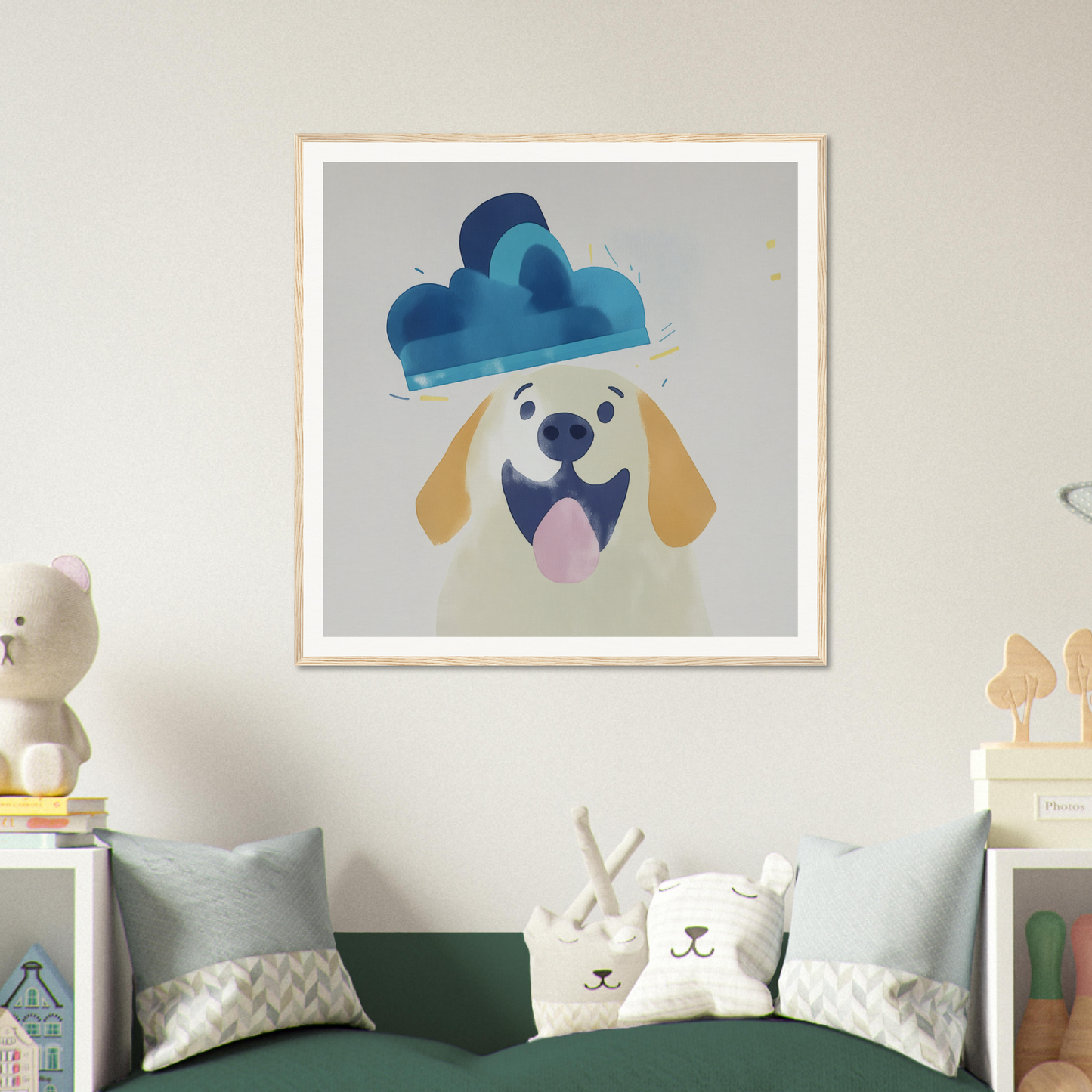 Happy dog in blue cloud hat cartoon art for fun nursery wall decor in product212