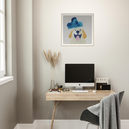 Minimalist wooden desk with iMac and decorative dog nursery wall art above it