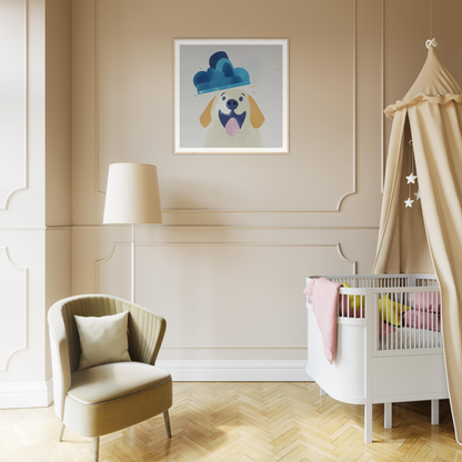 Whimsical dog portrait in nursery decor, perfect for nursery wall art or framed poster