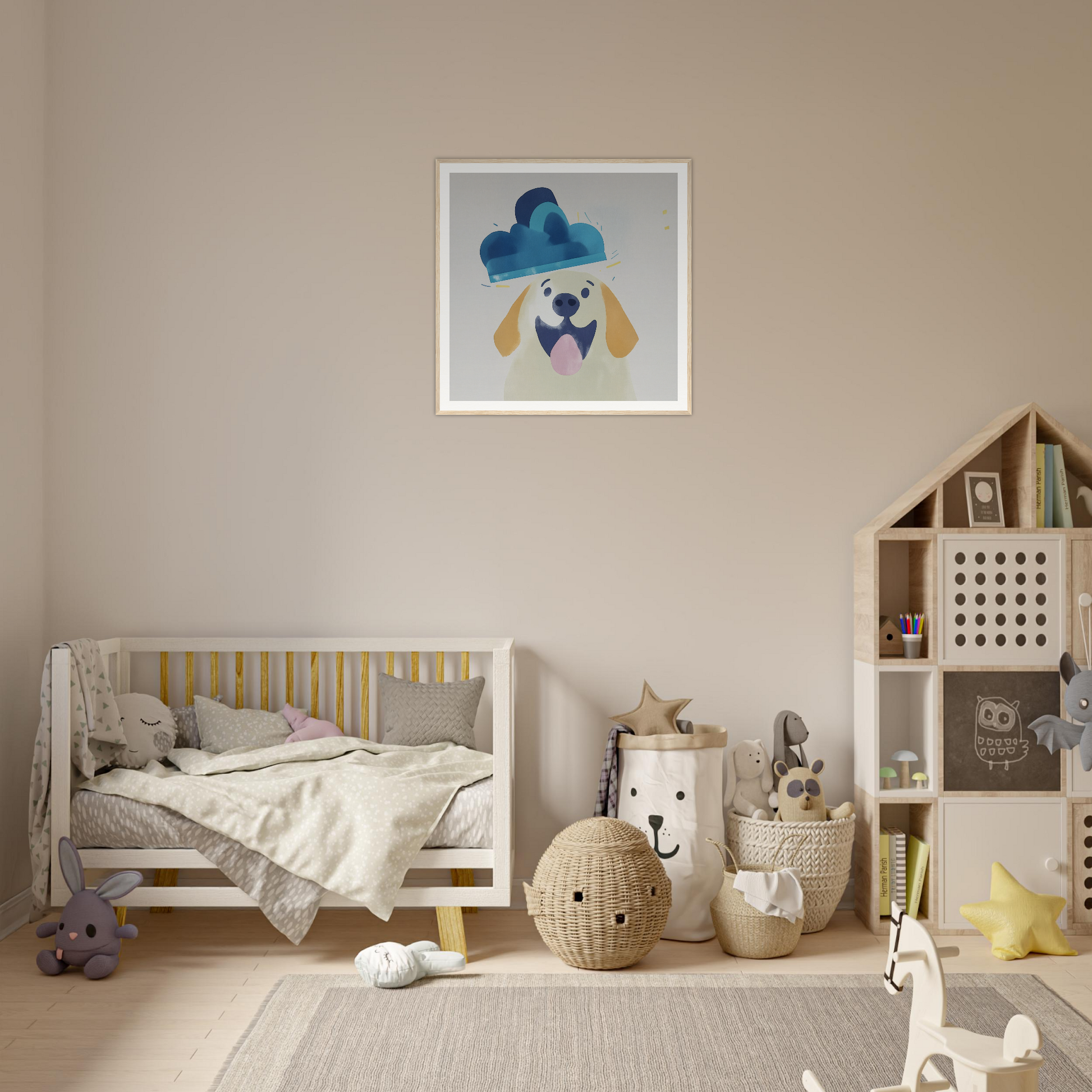 Cozy nursery decor featuring a crib, storage baskets, and playful nursery wall art