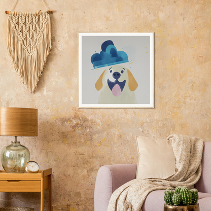 Framed artwork of a dog in a blue hat and purple bowtie for nursery wall art