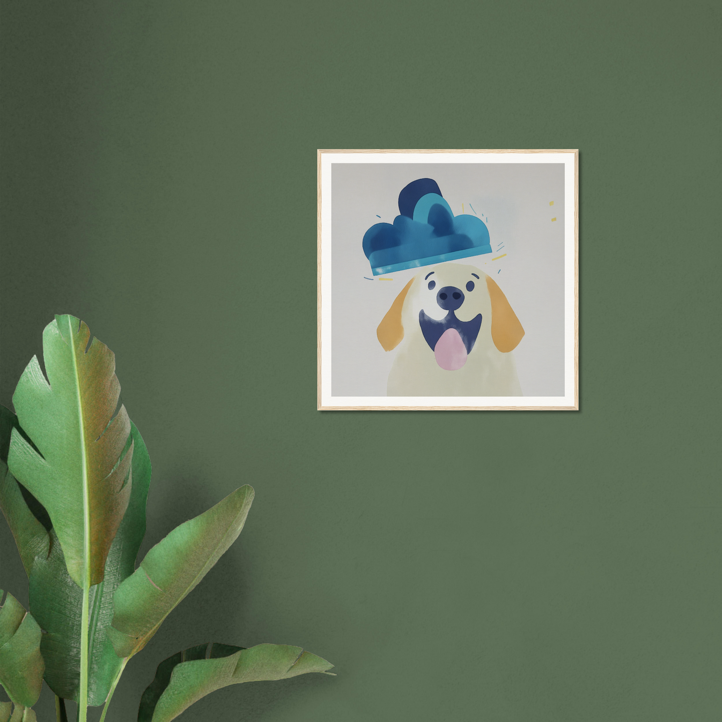 Framed poster of a yellow dog in a blue hat, perfect for nursery wall art