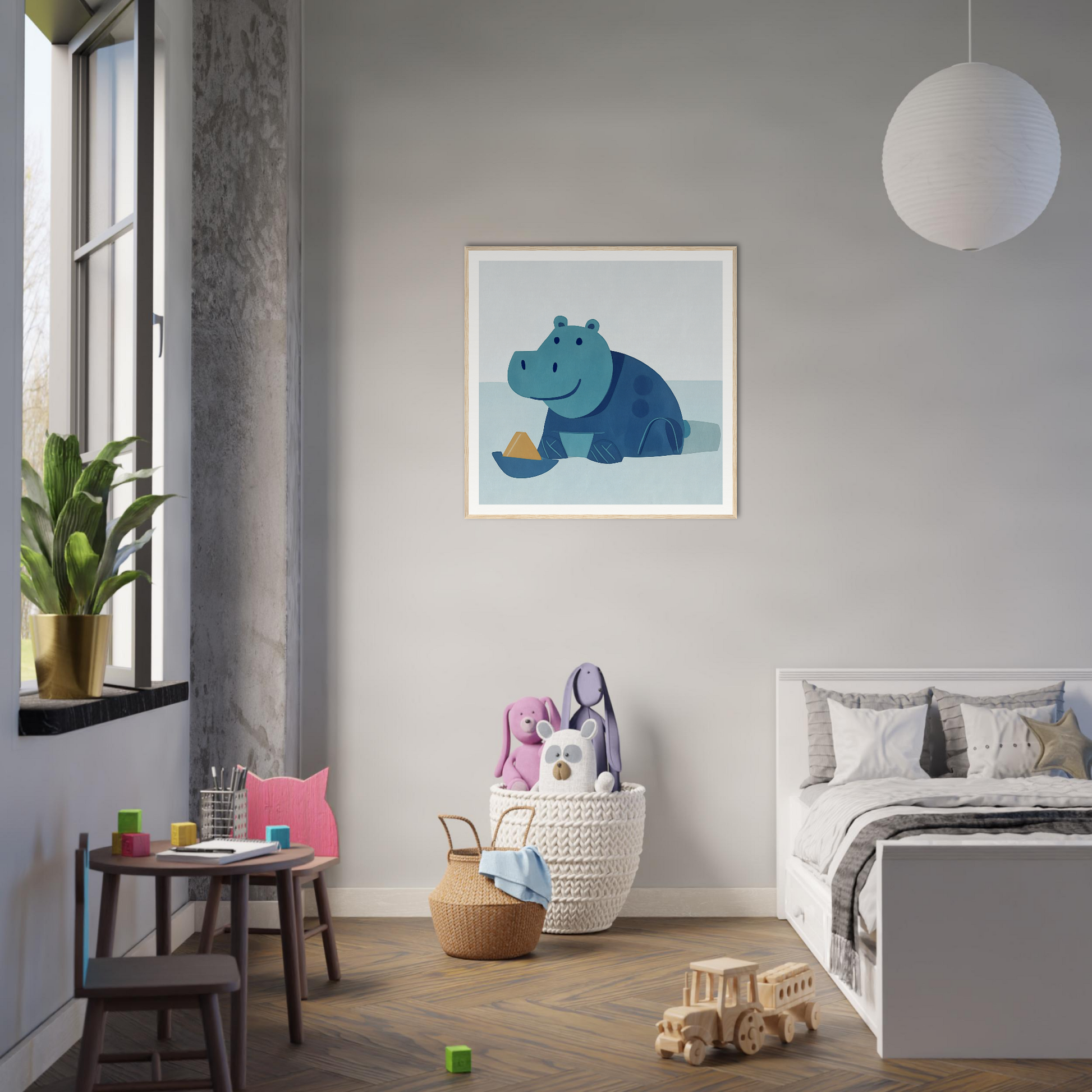 Framed blue hippo artwork as stylish nursery wall art for your adorable decor