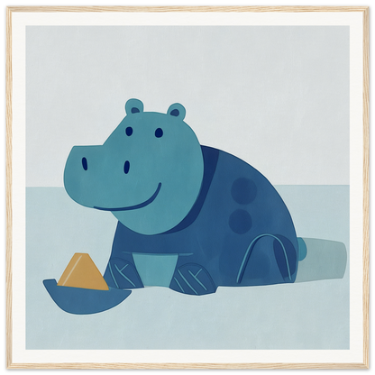 Blue cartoon hippo with dark spots in water, perfect for nursery wall art or decor