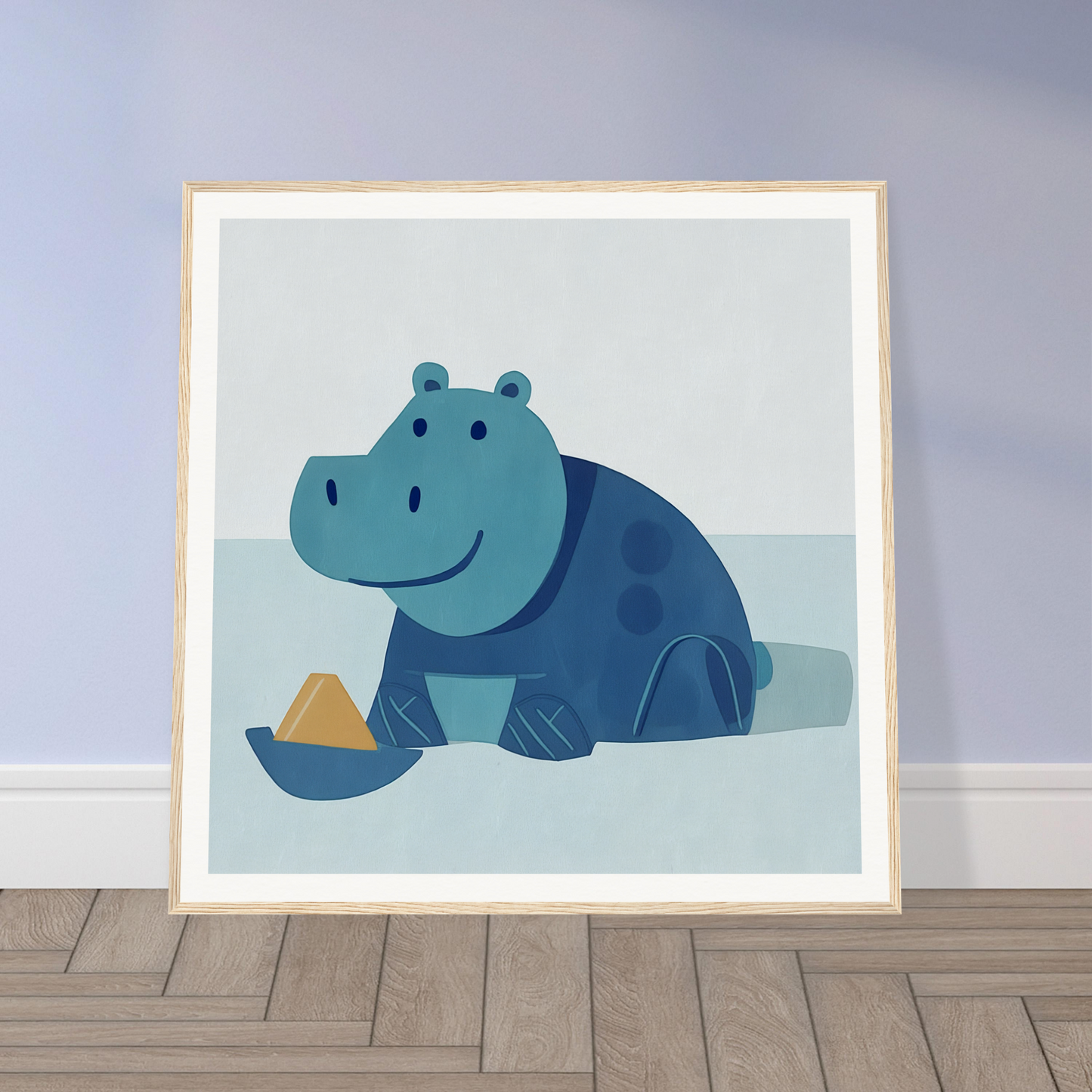 Cute blue cartoon hippo in sailor hat for nursery wall art or decor with product214