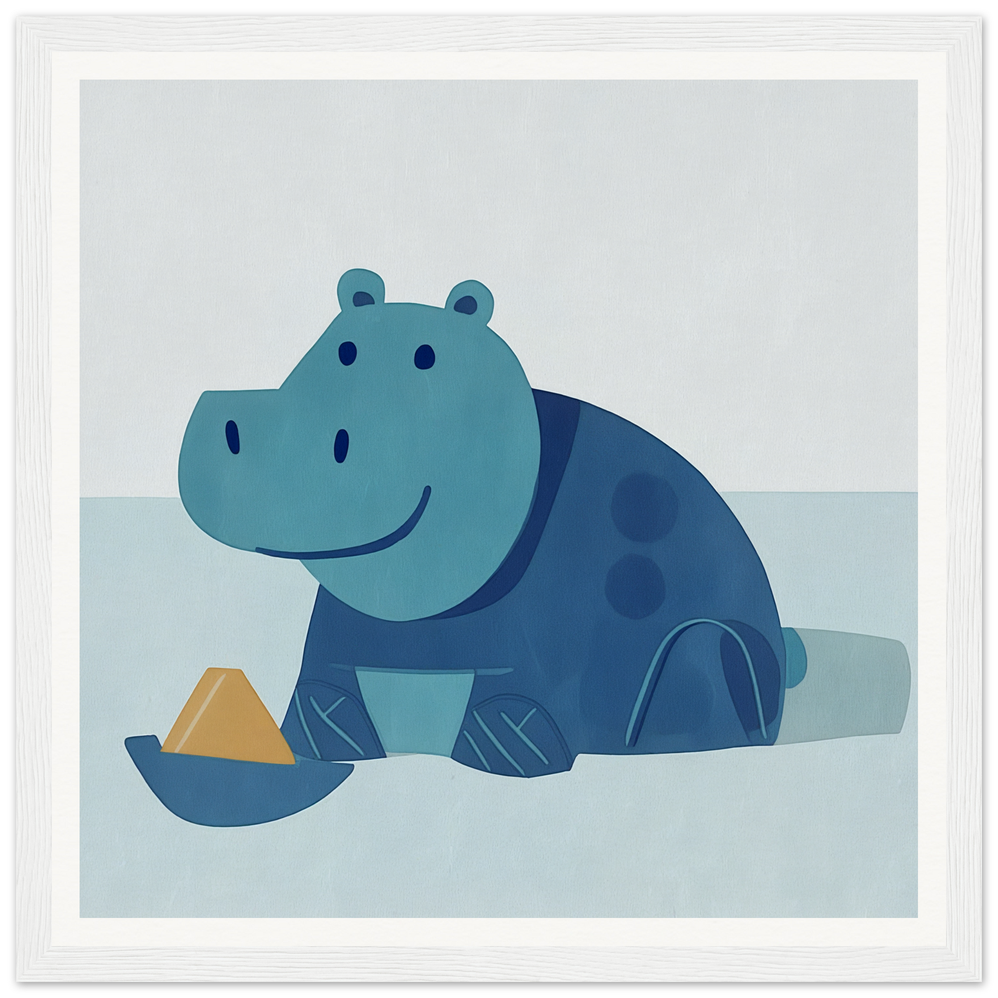 Blue cartoon hippo with spots next to yellow triangle for fun nursery wall art