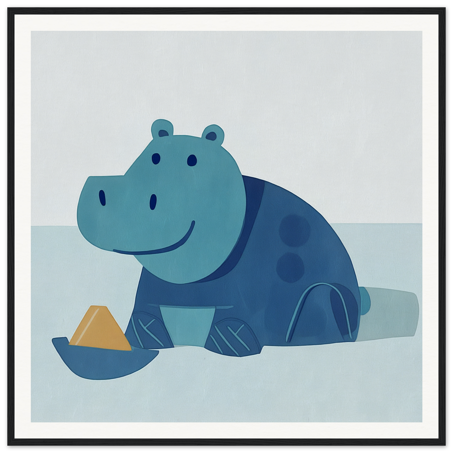 Cute blue hippo with dark spots perfect for nursery decor and framed poster fun