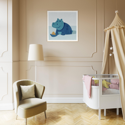 Framed blue hippo artwork for nursery wall art and cute nursery decor in product214