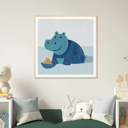 Blue cartoon hippo with yellow triangle for fun nursery wall art decor in product214