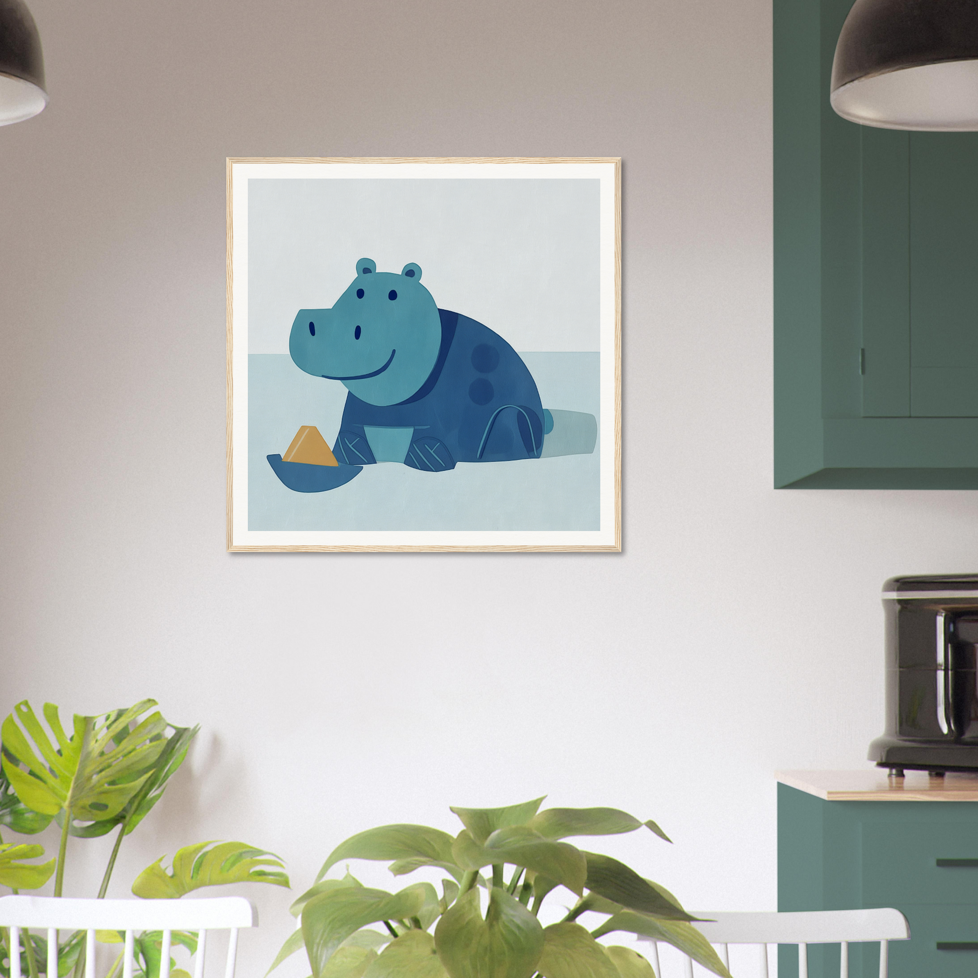 Cute cartoon hippo with yellow toy boat perfect for nursery wall art or decor