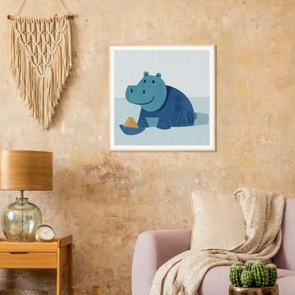 Framed cartoon hippo nursery wall art with toy sailboat for cute nursery decor