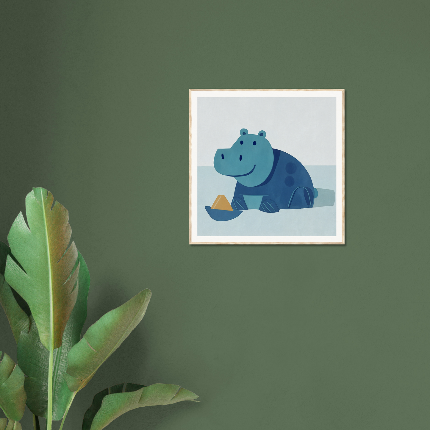 Framed cartoon art of a blue hippo with a boat for cute nursery wall decor