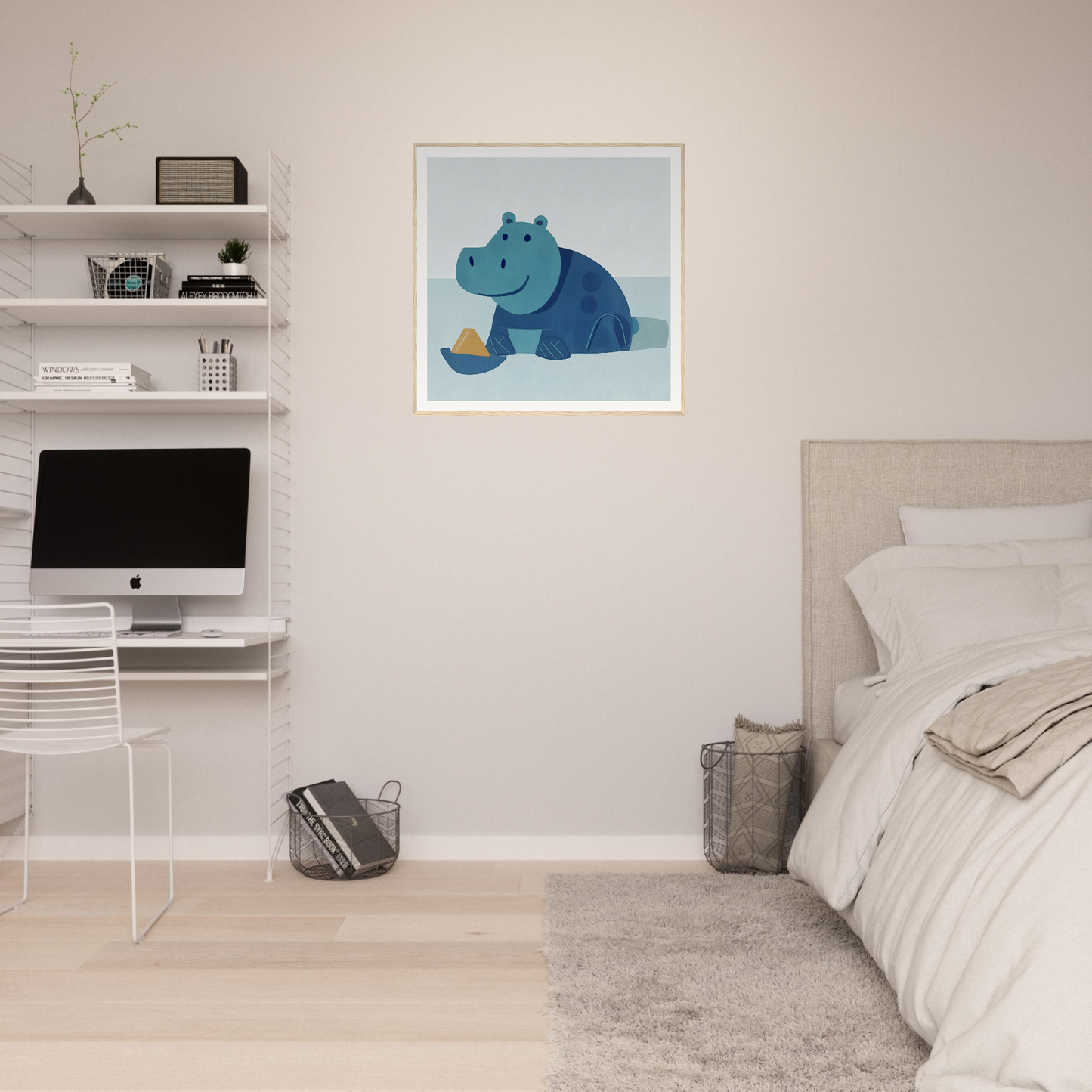 Cute cartoon hippo with a yellow object in cheerful nursery wall art framed poster