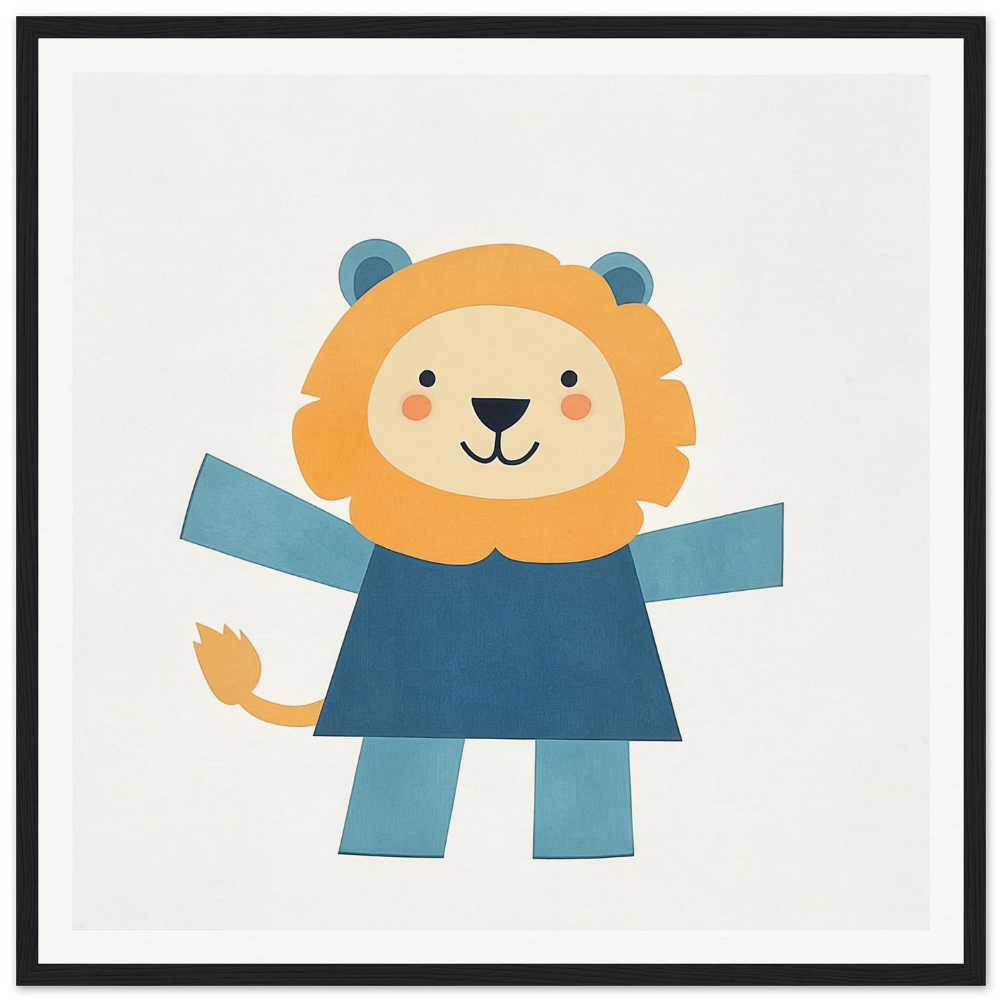 Cartoon lion in blue outfit with arms outstretched, perfect for nursery wall art