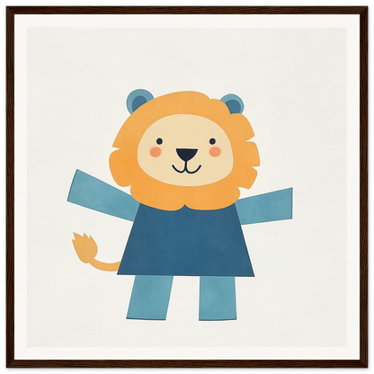 Cartoon lion in blue outfit with outstretched arms for fun nursery wall art