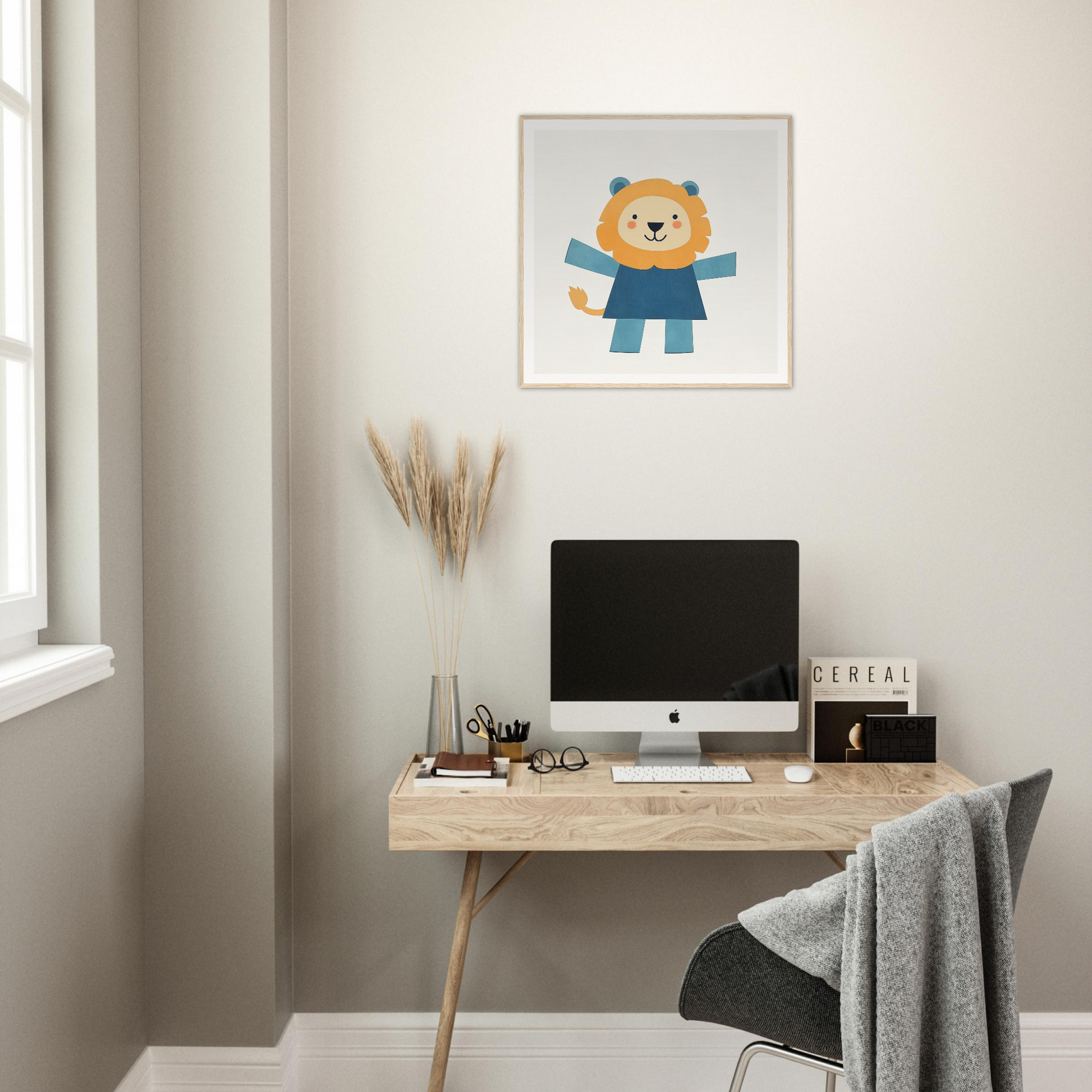 Minimalist workspace featuring an iMac and cute bear nursery wall art above a wooden desk