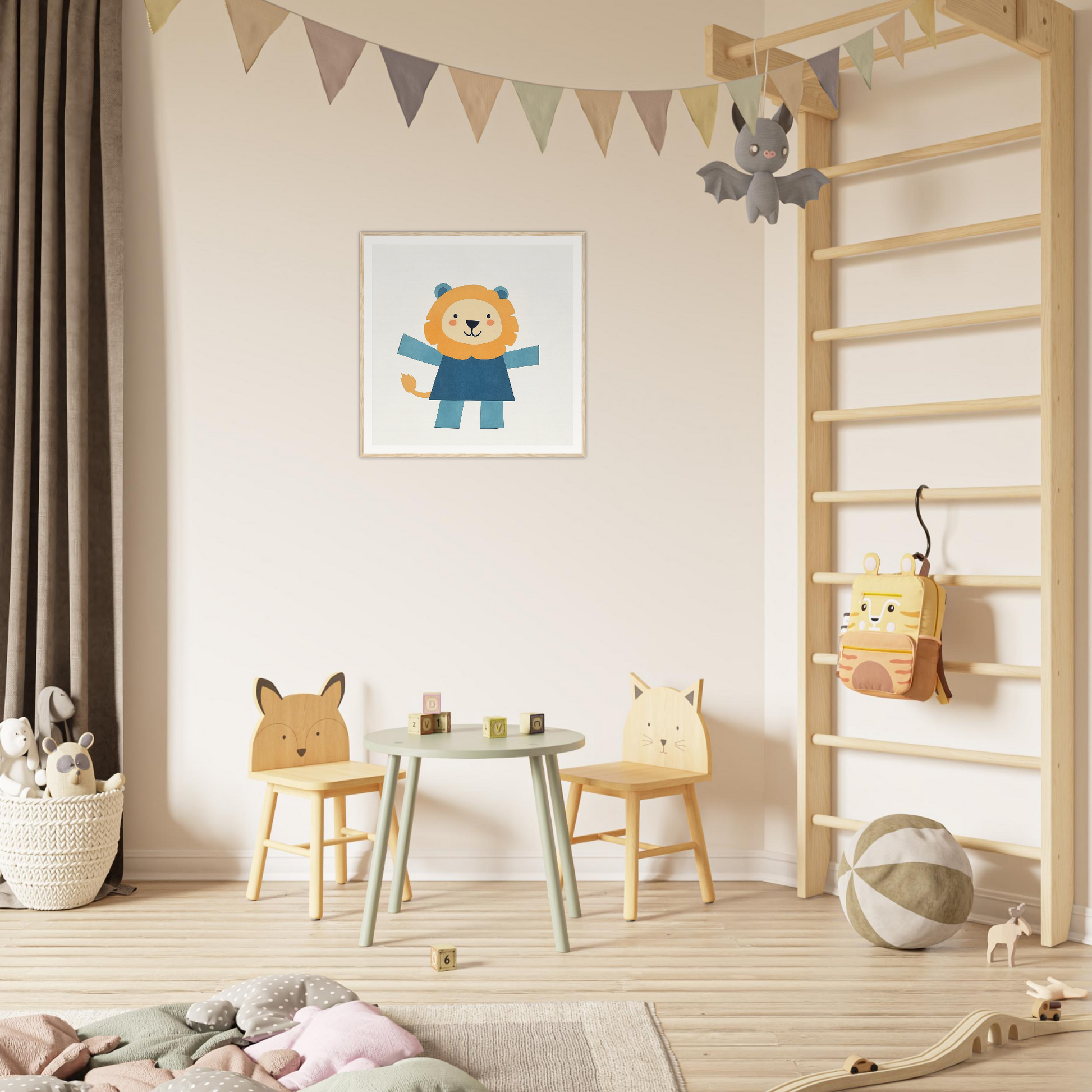 Colorful children’s play area with animal-themed chairs and cute nursery decor setup