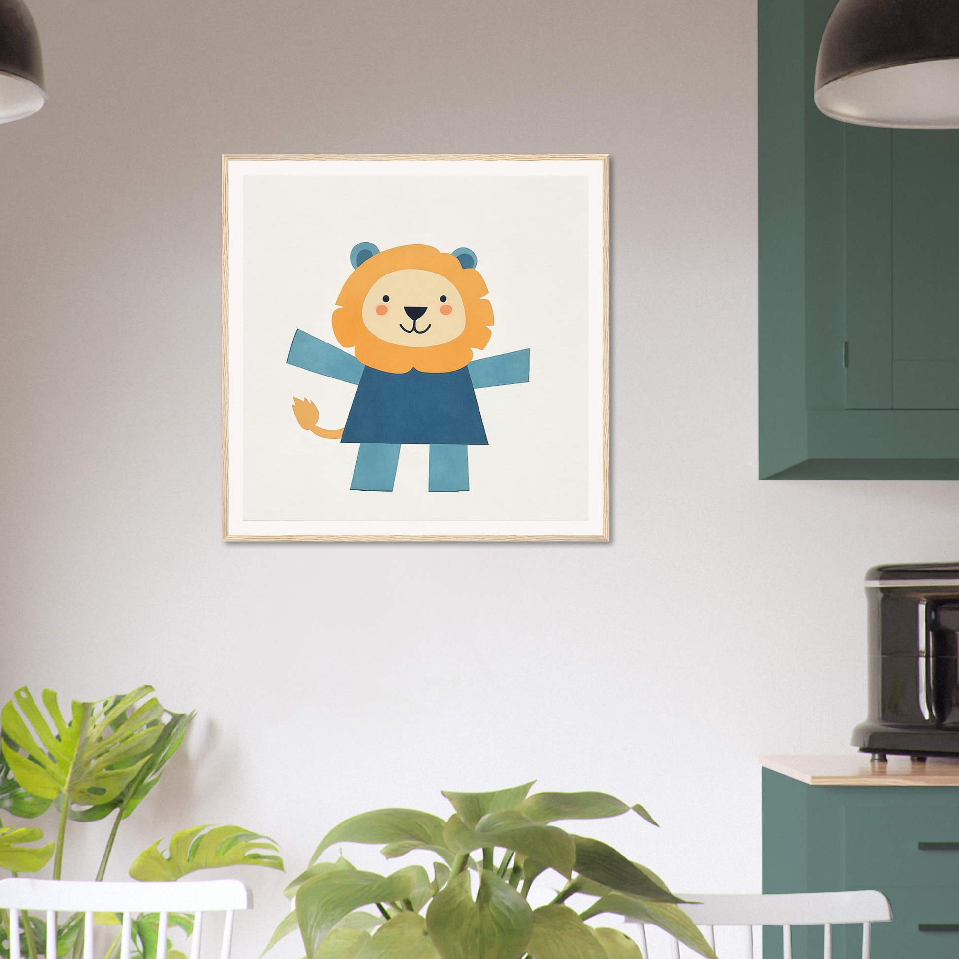 Cartoon lion in blue outfit, perfect for nursery wall art or fun nursery decor