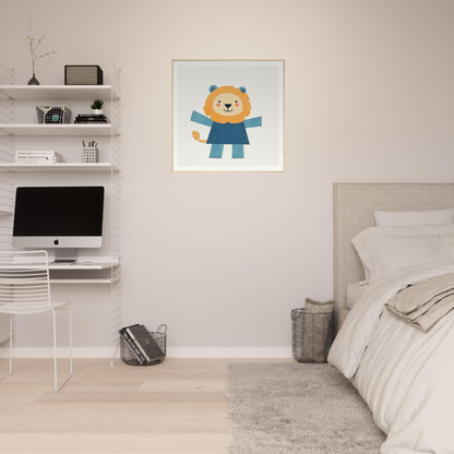 Cute cartoon lion in a blue shirt, perfect for nursery wall art or nursery decor