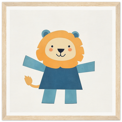 Cute cartoon lion in blue outfit excitedly showing arms, perfect for nursery wall art