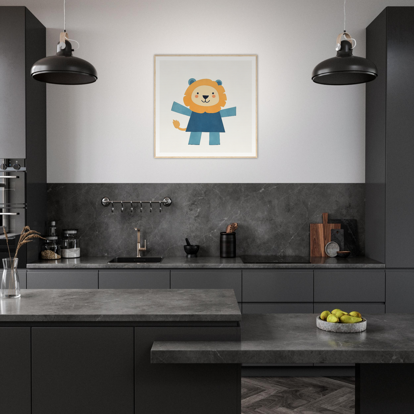 Modern dark gray kitchen with cute bear nursery wall art for stylish decor