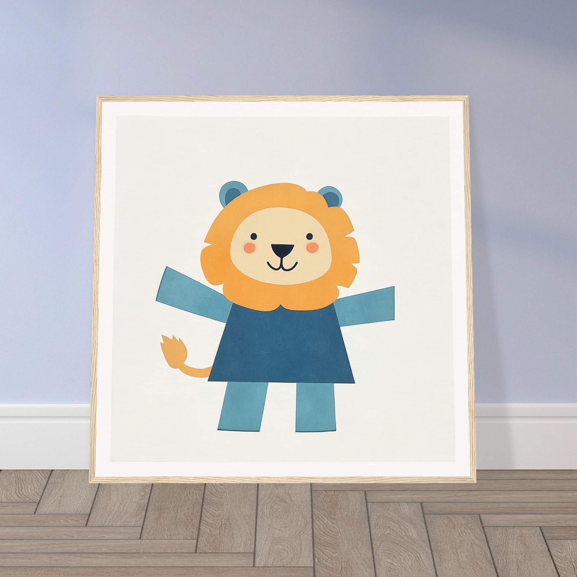 Cute cartoon lion in blue outfit, perfect for nursery wall art or decor