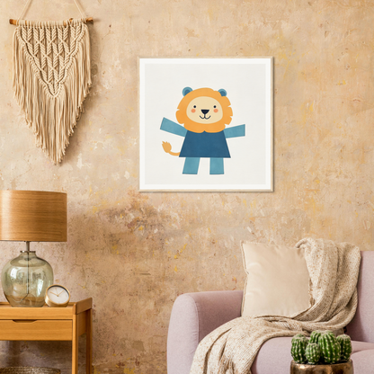 Cute cartoon lion in a blue scarf, perfect for nursery wall art or decor