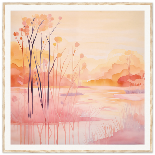 Watercolor painting of a misty lake at sunset for nursery wall art or decor