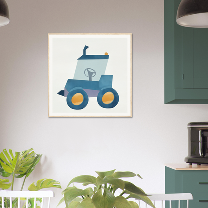 Cartoon blue toy tractor in a white frame perfect for nursery wall art and decor