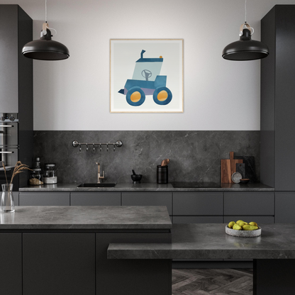 Modern dark gray kitchen with black pendant lights and nursery wall art featuring a blue toy truck