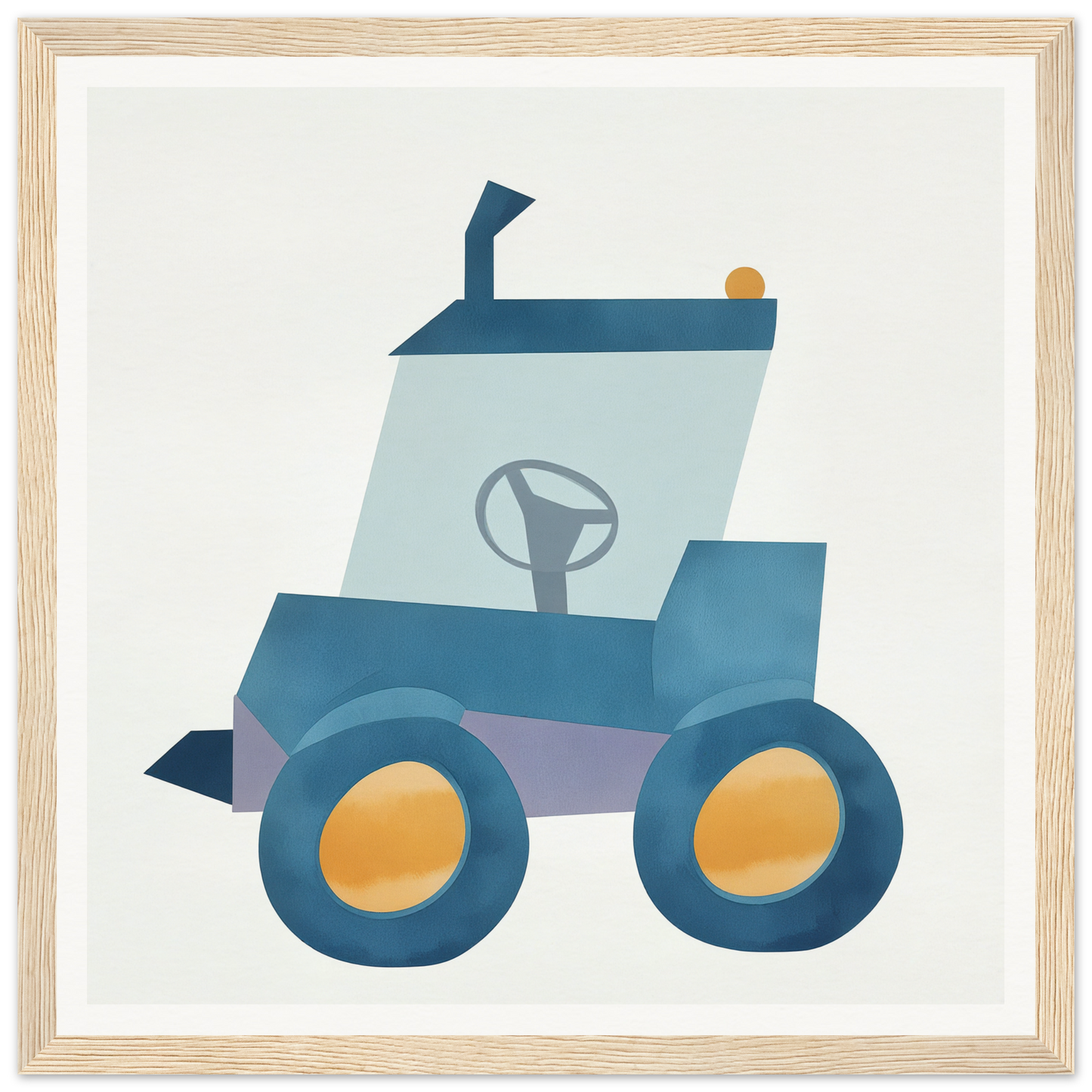 Simple cartoon tractor in blue tones for cute nursery wall art or decor