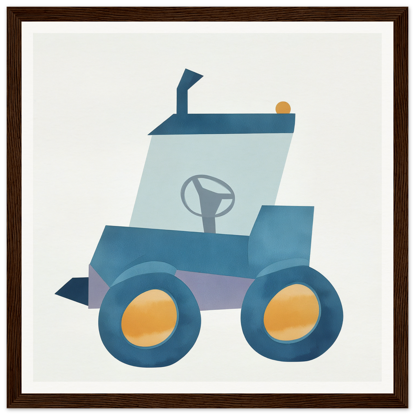 Blue tractor with yellow wheels in a fun design perfect for nursery wall art