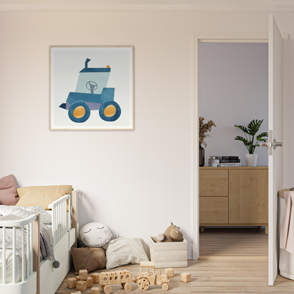 Blue tractor illustration with yellow wheels for cute nursery wall art decor