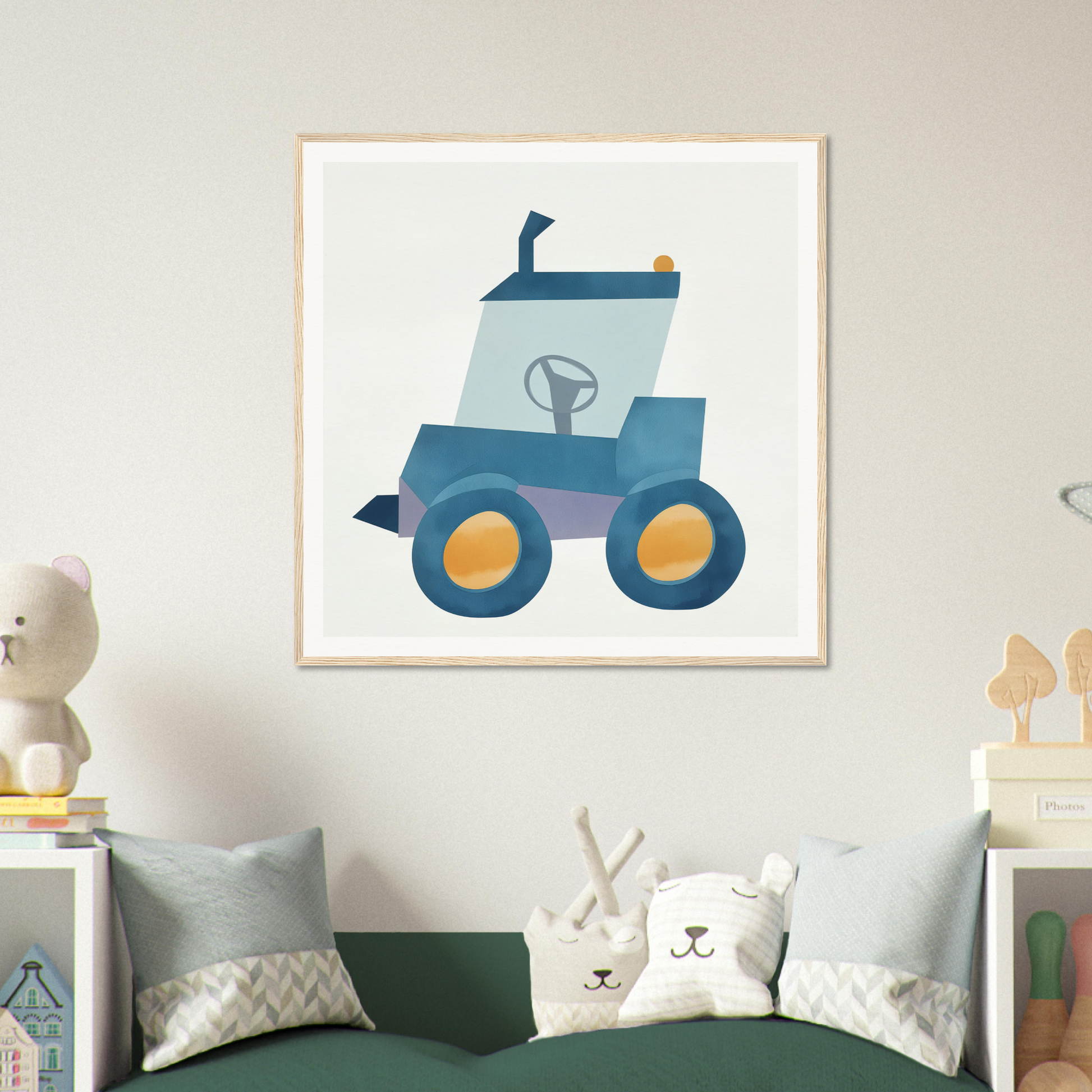 Simple cartoon blue tractor with yellow wheels for cute nursery wall art