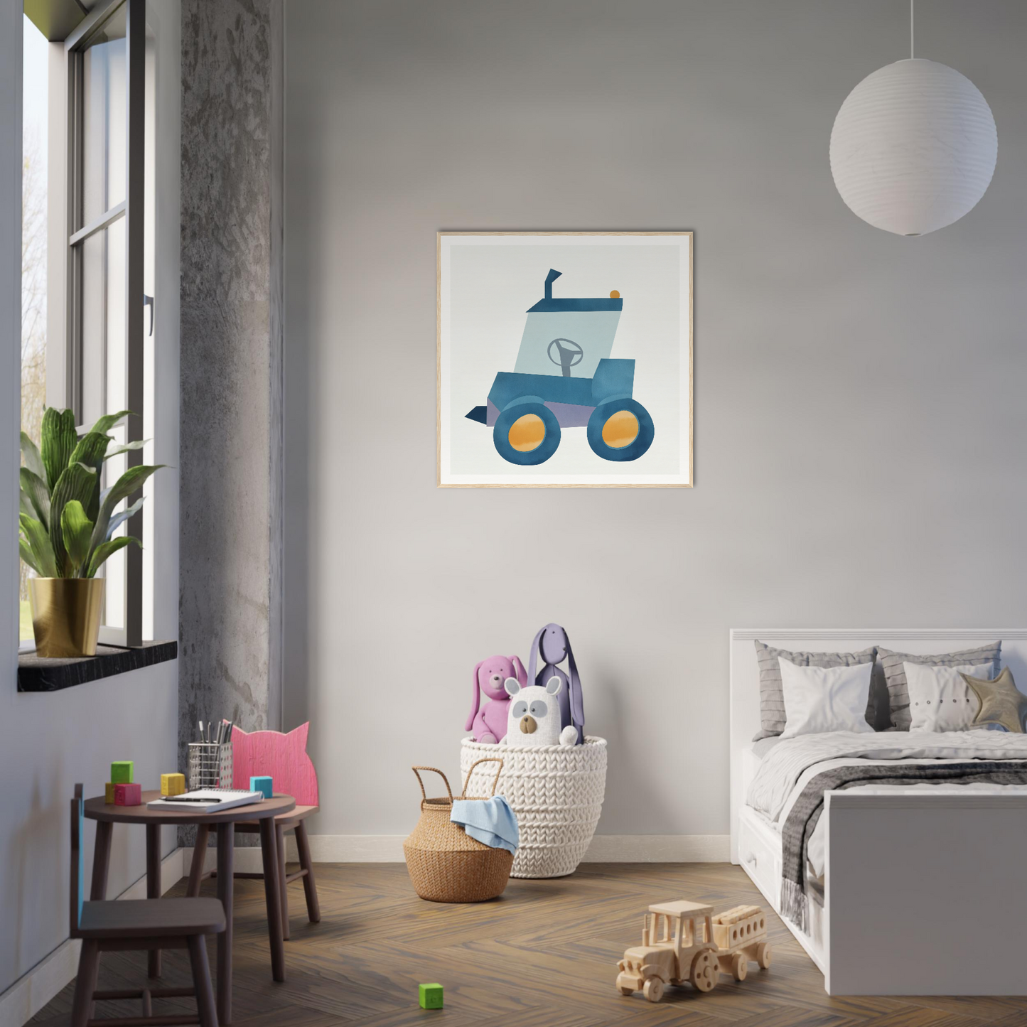 Minimalist blue tractor illustration for stylish nursery wall art or decor in product224