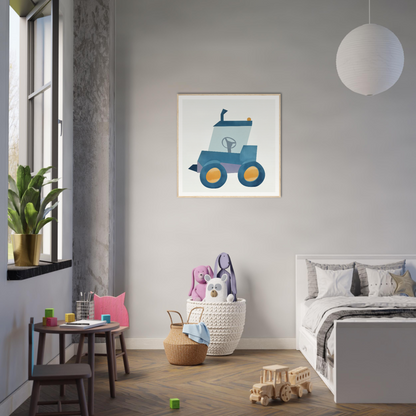 Minimalist blue tractor illustration for stylish nursery wall art or decor in product224