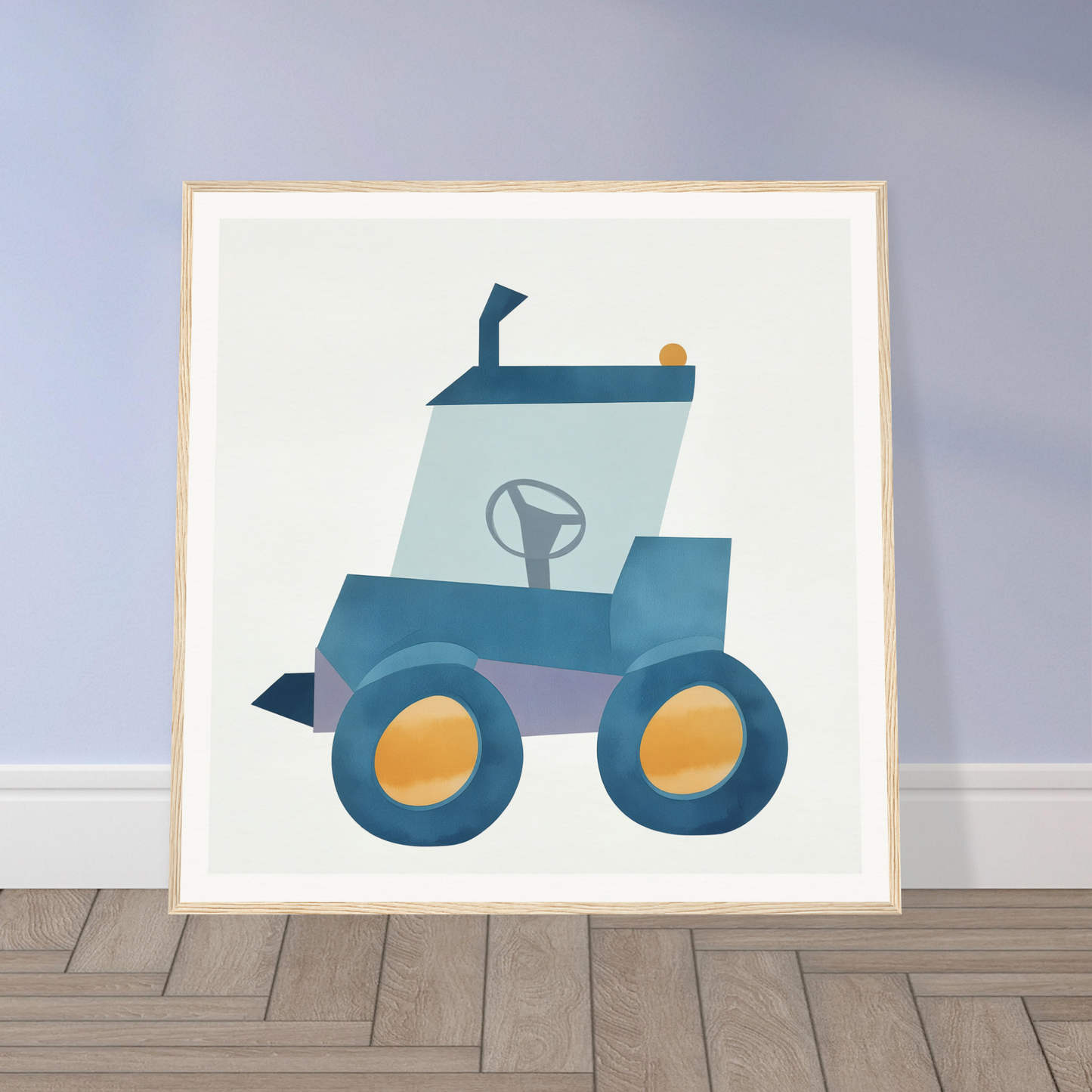 Blue tractor with yellow wheels in cute nursery wall art for playful decor